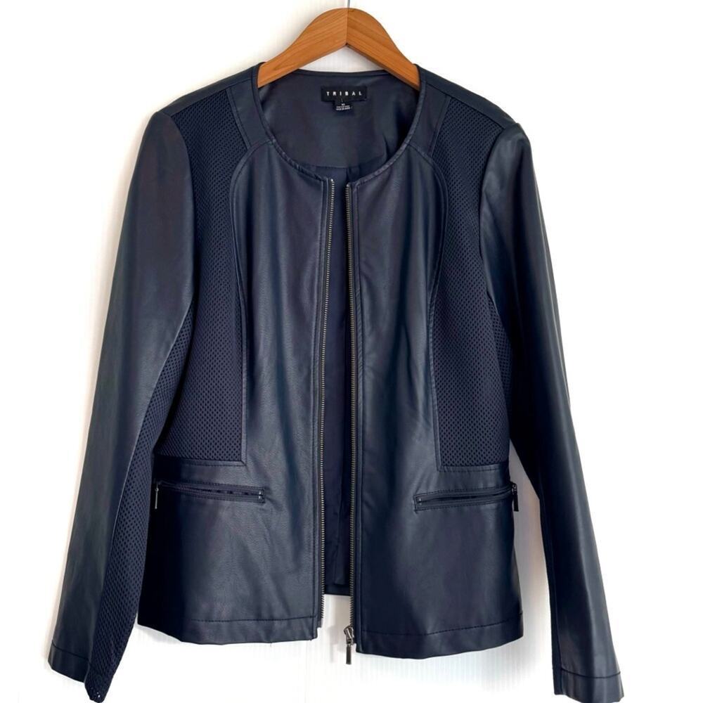 Tribal Navy faux leather jacket with mesh panels size 10 women’s full zip